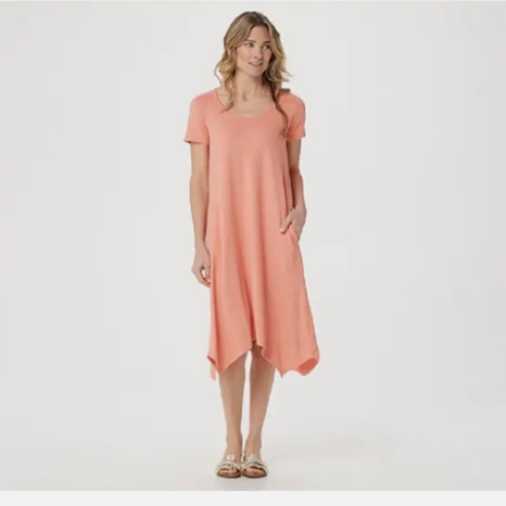 Cuddl Duds Flexwear Short Sleeve Handkerchief Hem Dress, Coral, Small
